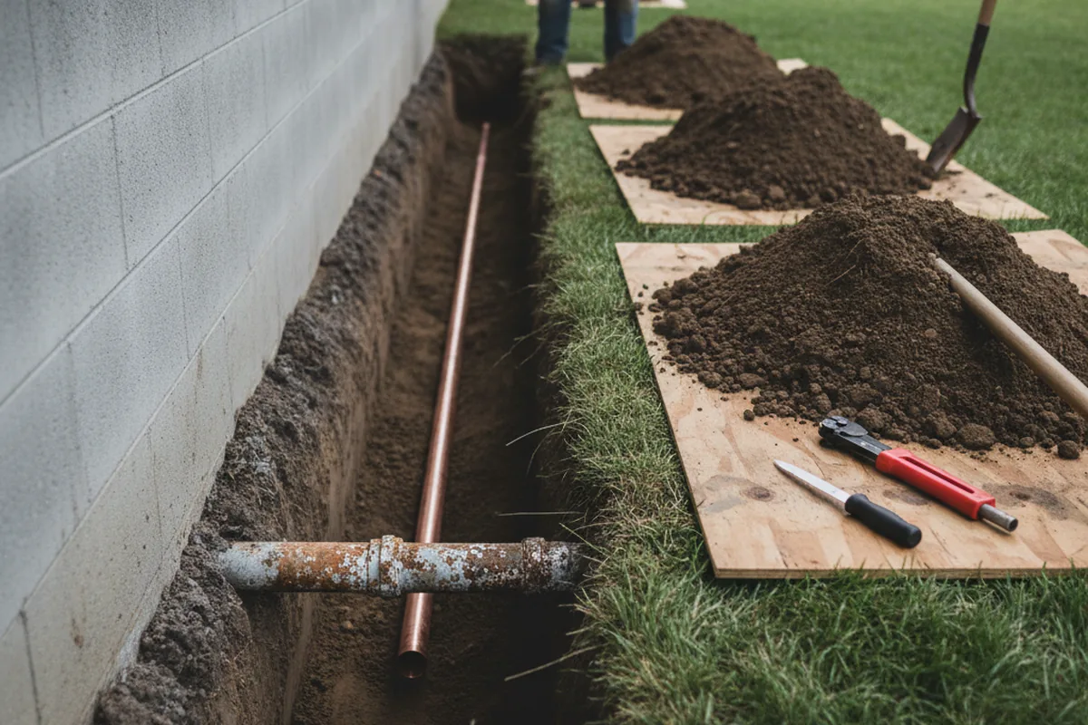 Excavated water line trench during Sewer Line Repair in Royalton